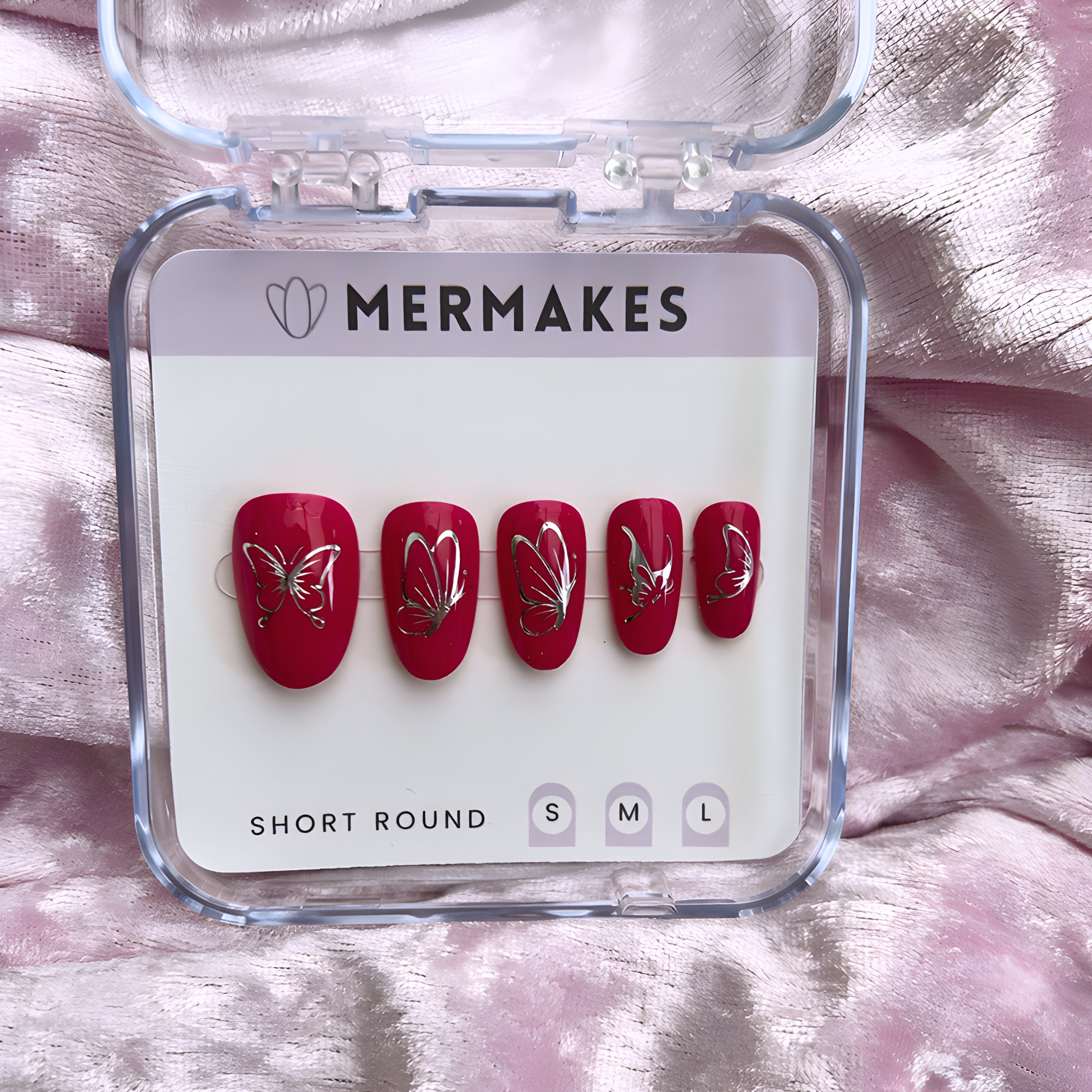 Dark pink press-on nail set with silver butterfly wings